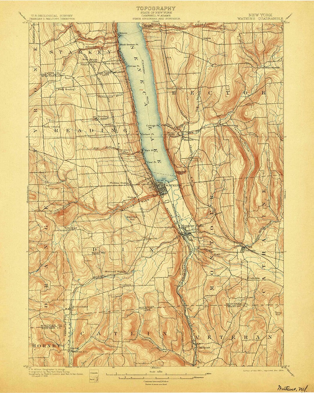 Watkins 1901 1904 Old Topo Map Seneca Lake Watkins Glen Montour Falls