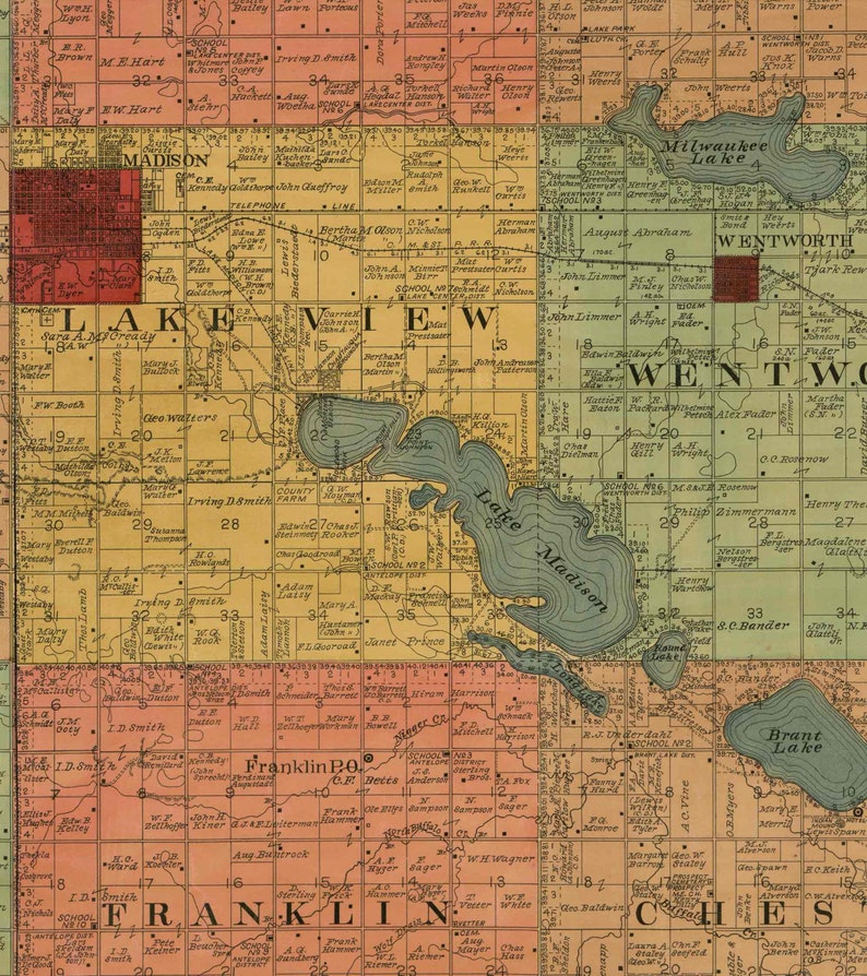 Lake County South Dakota 1899 Old Wall Map With Landowner Etsy