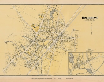 Holliston Village - 1875 - Old Town Map Reprint - Middlesex County, Massachusetts - Homeowner Names, Genealogy - MA Atlas
