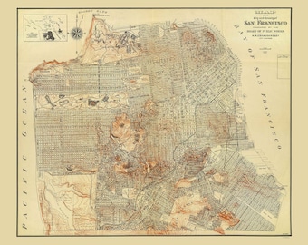 May include: A vintage map of San Francisco, California, showing the city's streets and neighborhoods. The map is printed in brown and black ink on a cream-colored background. The map is titled "Map of the City and County of San Francisco, Prepared by the Board of Public Works, M.M. O'Shaughnessy, City Engineer."