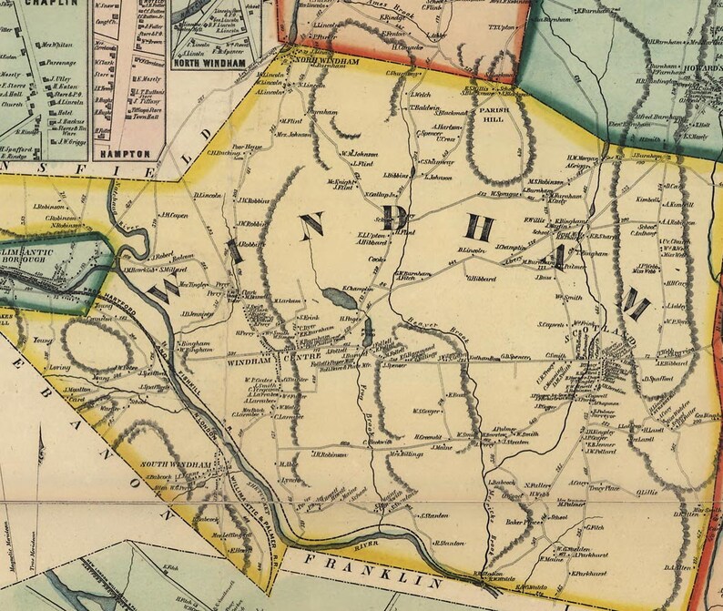 Windham County Connecticut 1856 Old Wall Map Reprint with Etsy.de