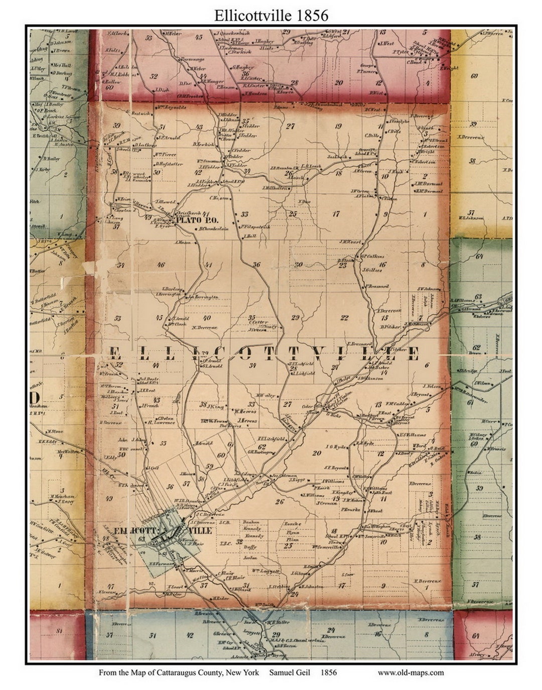Ellicottville New York 1856 Map Homeowners Names Cattaraugus Co