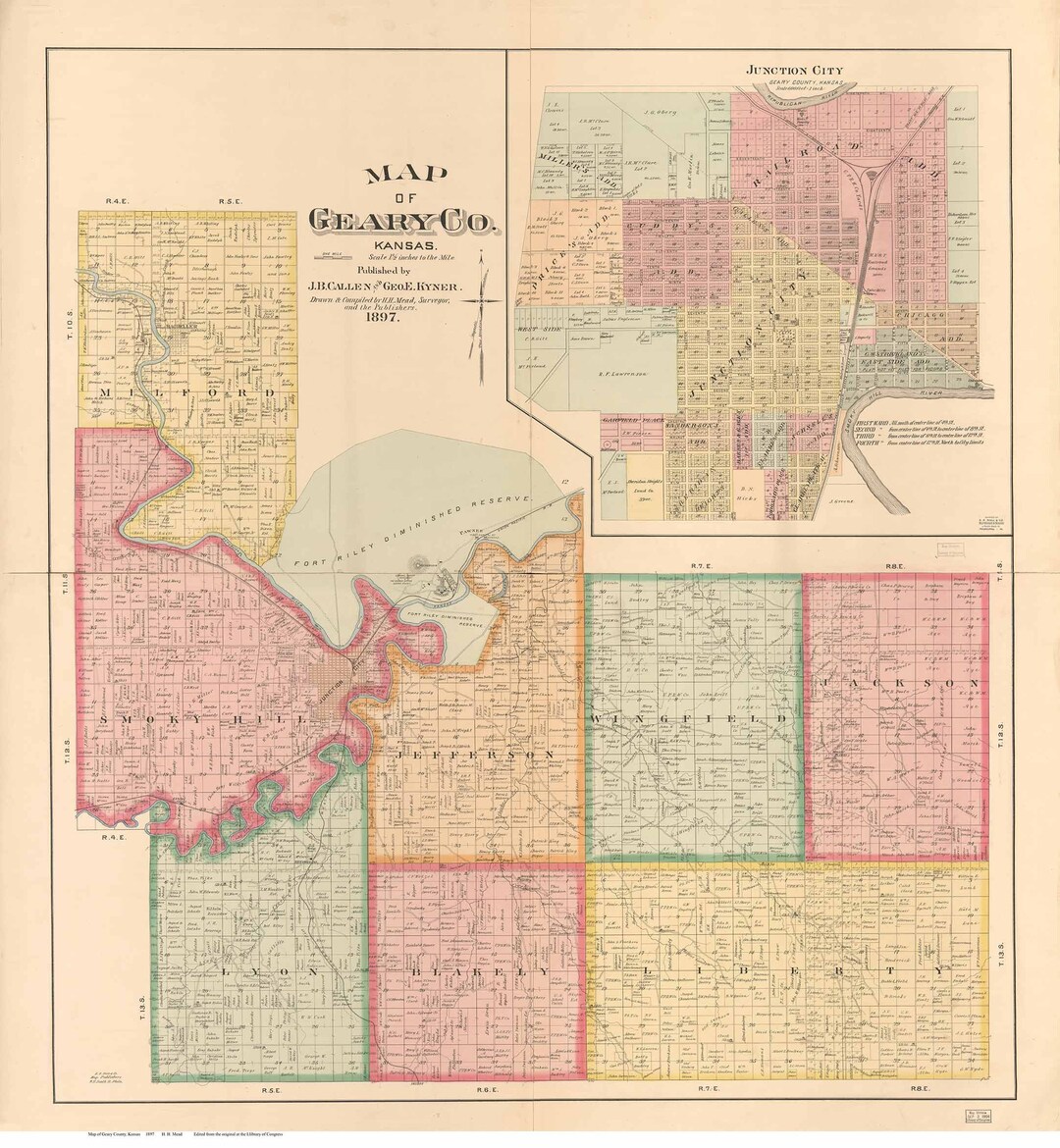 Geary County Kansas 1897 Old Wall Map Reprint Landowner Names Genealogy