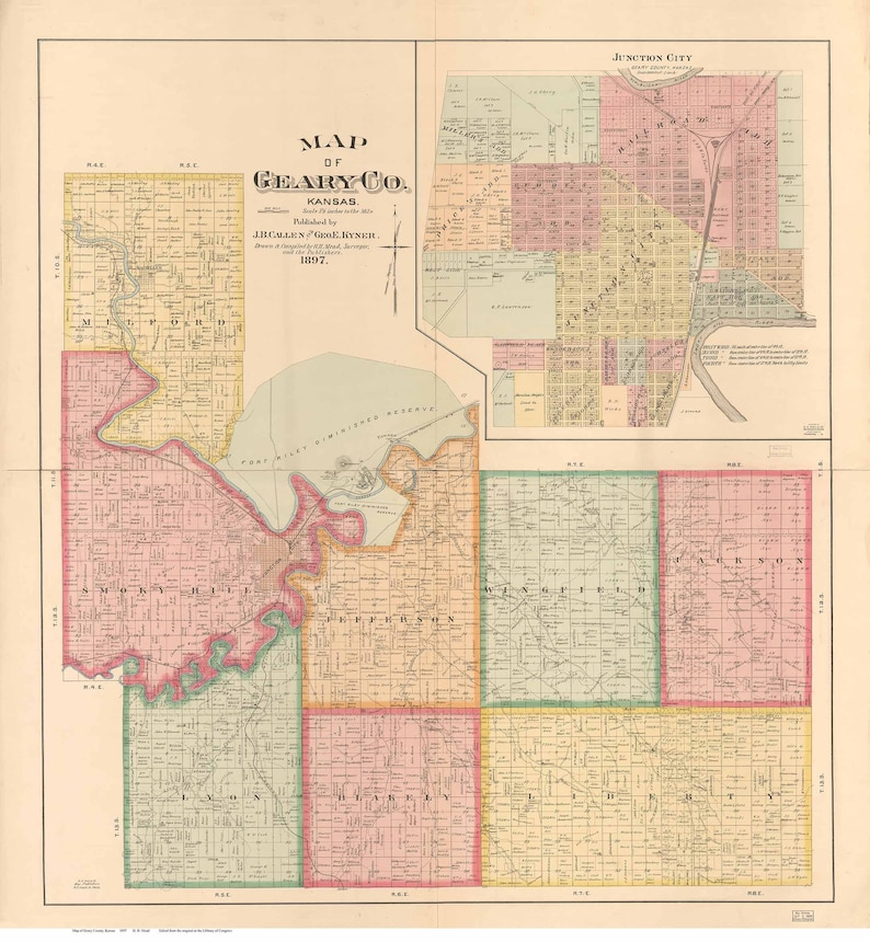 Geary County Kansas 1897 Old Wall Map Reprint Landowner Etsy
