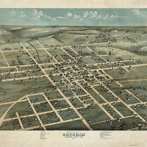 Brenham, Texas - 1873 -  Birds Eye View Reprint