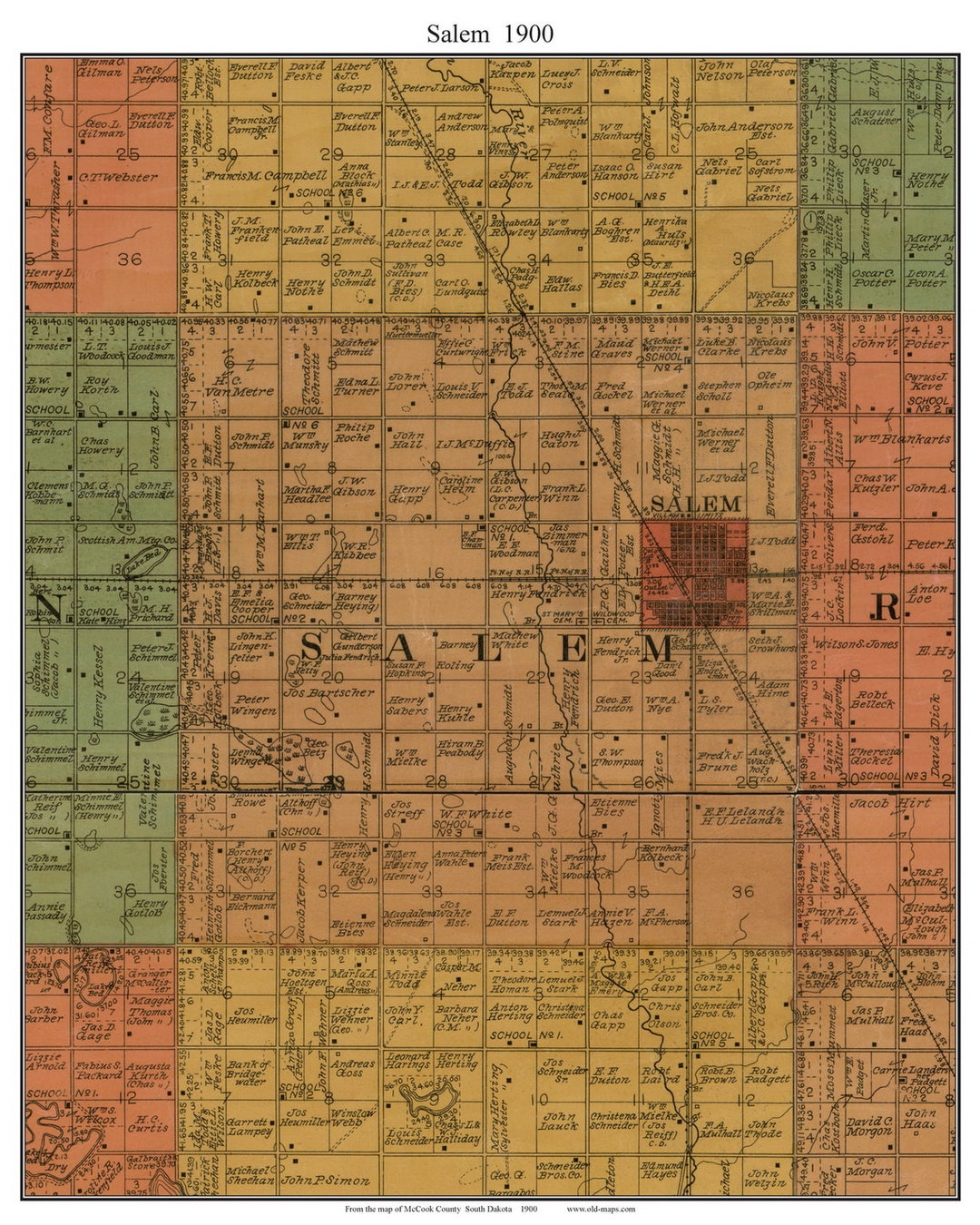 Salem 1900 Old Town Map With Homeowner Names South Dakota Mccook County