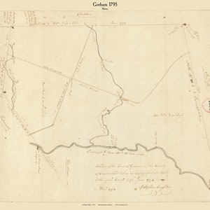 May include: A black and white hand-drawn map of Gorham, Maine, dated 1795. The map shows the layout of the town with roads, rivers, and property boundaries. The text "Gorham 1795" and "Maine" are written at the top of the map. The text "Plan of the Town of Gorham in the County of Cumberland taken on survey by a Committee of the General Court Sept. 1795" is written at the bottom of the map.