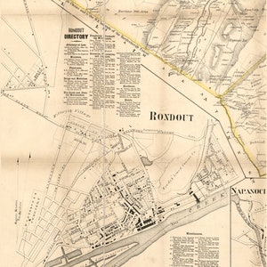 May include: A vintage map of Rondout, New York, showing the streets, waterways, and surrounding areas. The map includes a directory of businesses and residents, as well as a key to the map's symbols.