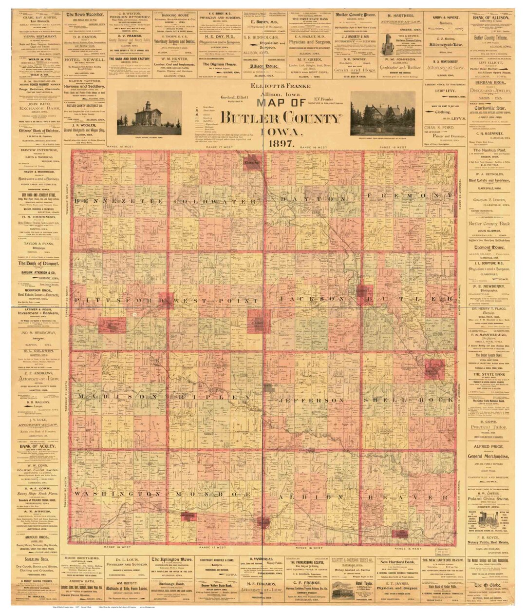 Butler County Iowa 1897 Old Wall Map With Landowner Names Farm Lines ...