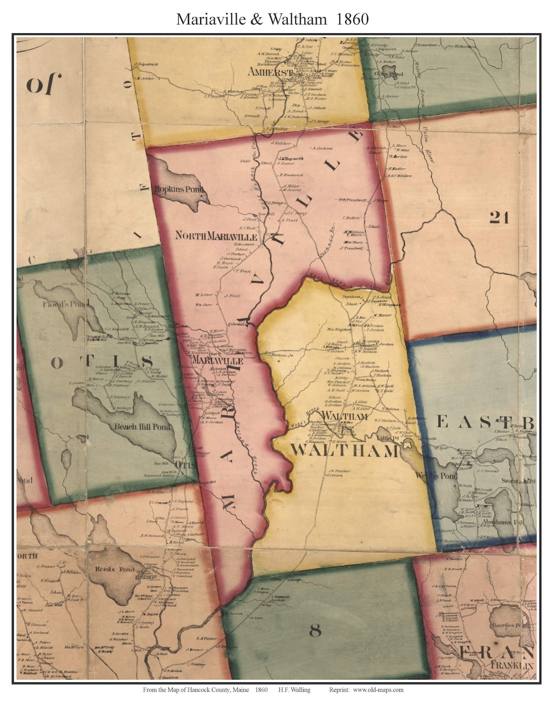 Mariaville & Waltham 1860 Old Town Map With Homeowner Names Maine