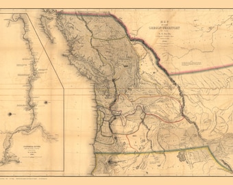 May include: A vintage map of the Oregon Territory, published in 1841 by S.N. Carvalho, showing the boundaries of the territory and the major rivers and mountains. The map is printed in black and white on cream-coloured paper.