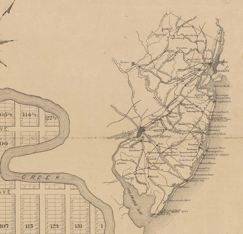 May include: A black and white map of the area around Philadelphia, Pennsylvania, showing the surrounding towns and cities, including Camden, New Jersey, and Atlantic City, New Jersey. The map also shows the Delaware River and the Delaware Bay.