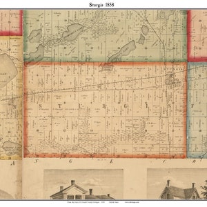 May include: A vintage map of Sturgis, Michigan, from 1858, with detailed cartography. The map features labeled lakes, roads, and property lines, with the title "Sturgis 1858" at the top. The map is bordered by colorful sections and includes architectural illustrations at the bottom.
