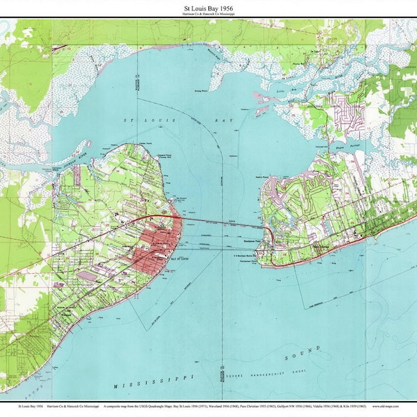 St Louis Bay - 1956 Old Topographic Map Pass Christian Waveland Henderson Pt De Lisle USGS Custom Composite Reprint Mississippi 7x7