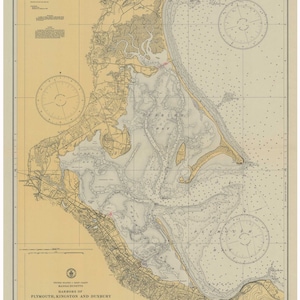 May include: A vintage nautical chart of the harbors of Plymouth, Kingston, and Duxbury, Massachusetts. The chart is printed on a beige background with blue and brown lines and text. The chart includes a compass rose, depth soundings, and navigational aids.