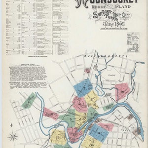 Woonsocket 1892 Old Map Fire Insurance RI Rhode Island - Reprint
