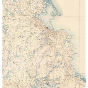 May include: A vintage topographical map of Plymouth and Wareham, Massachusetts, in 1890. The map shows the coastline, rivers, lakes, and roads of the area. The map is printed in black and white with blue and red accents.