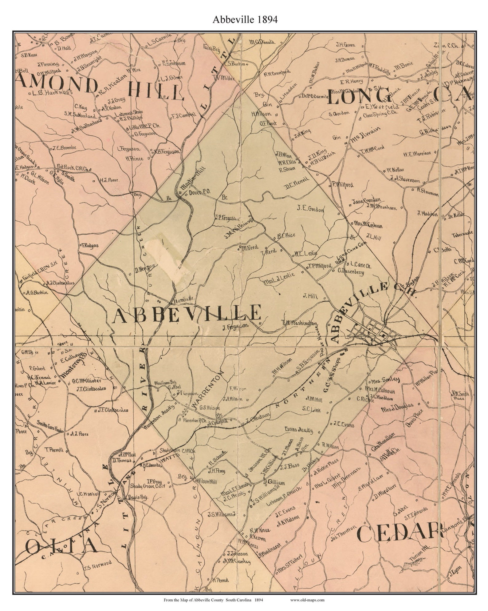 Abbeville 1894 Old Town Map With Homeowner Names South Carolina