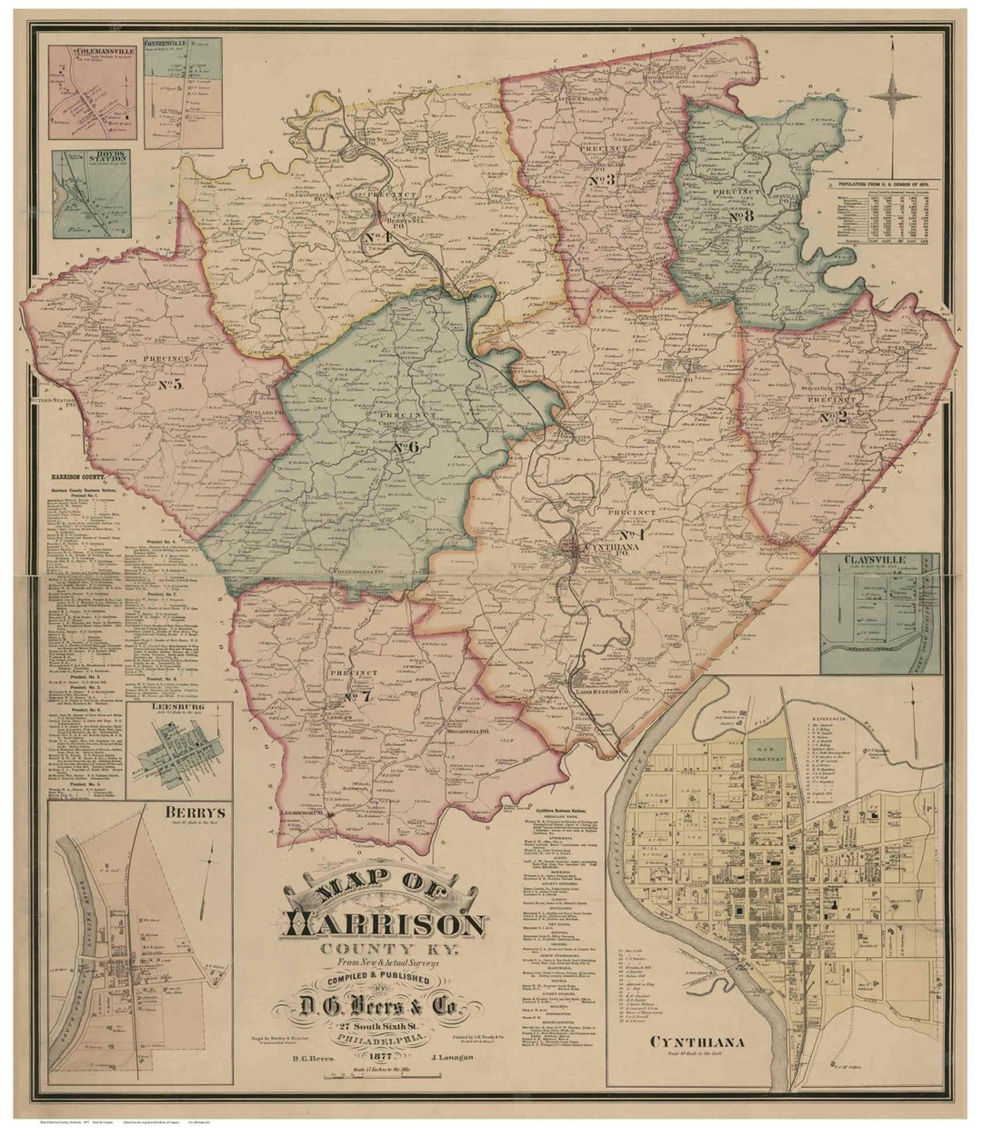 Harrison County Kentucky 1877 Old Wall Map With Homeowner Names