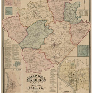 May include: An antique map of Harrison County, Kentucky, from 1877. The map is divided into numbered precincts and shows the location of towns, roads, and rivers. The map is printed in black, brown, and green ink on a cream-colored paper.