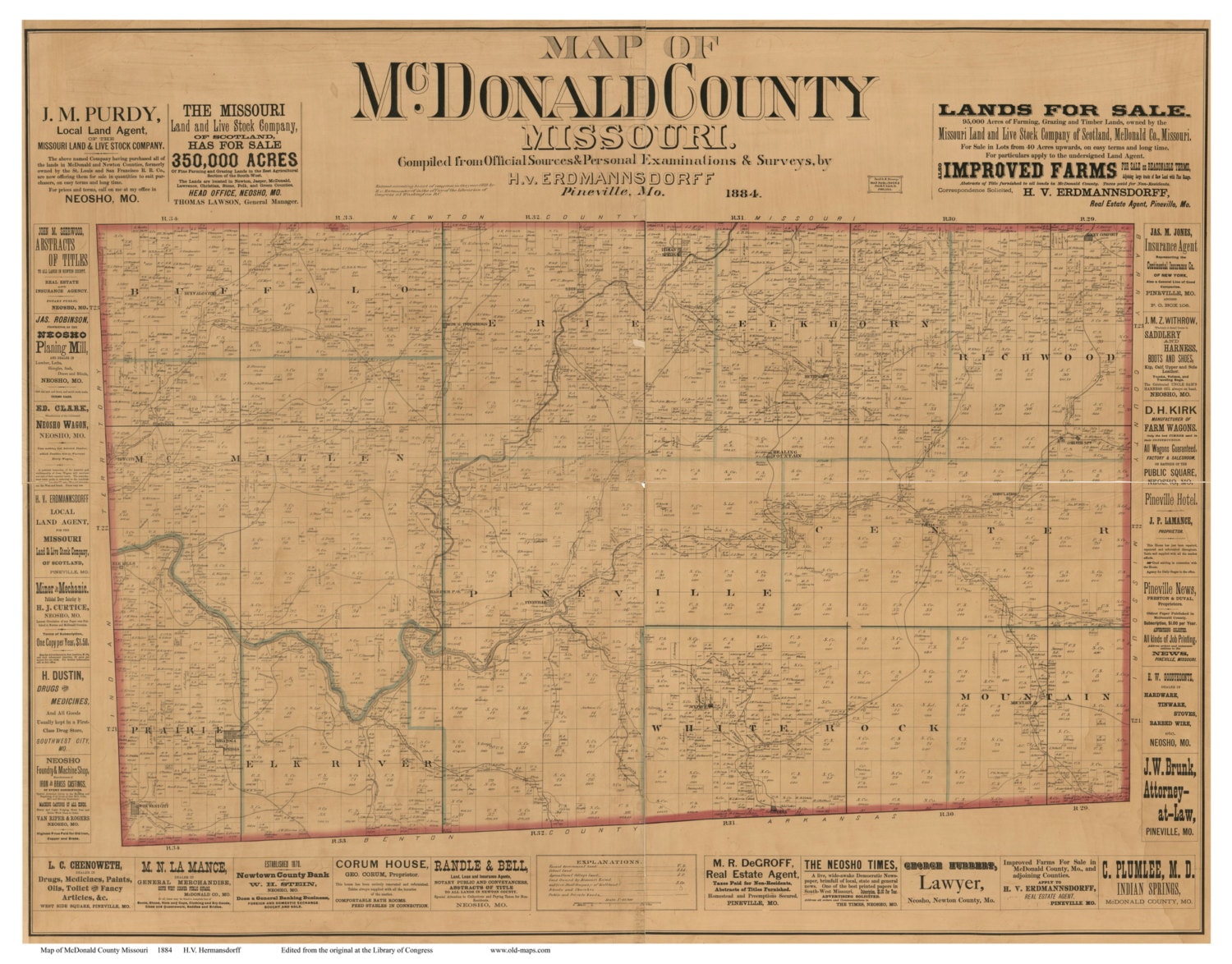 McDonald County Missouri 1884 Old Wall Map with Landowner Etsy