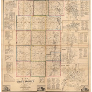 Kane  County Illinois  1860 -  Old Wall Map Reprint with Homeowner Names  Farm Lines Genealogy