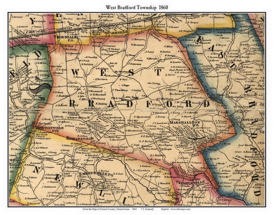 West Bradford 1860 Old Town Map With Homeowner Namesmarshallton Romansville Mortonville