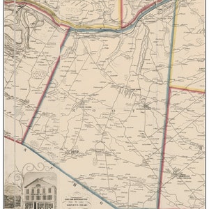 May include: An antique map of Root, New York, from 1853. The map is hand-drawn and features a detailed network of roads, rivers, and creeks. The map is labeled with the names of towns and villages, including Palantine, Tatesville, and Root. The map is surrounded by a decorative border.