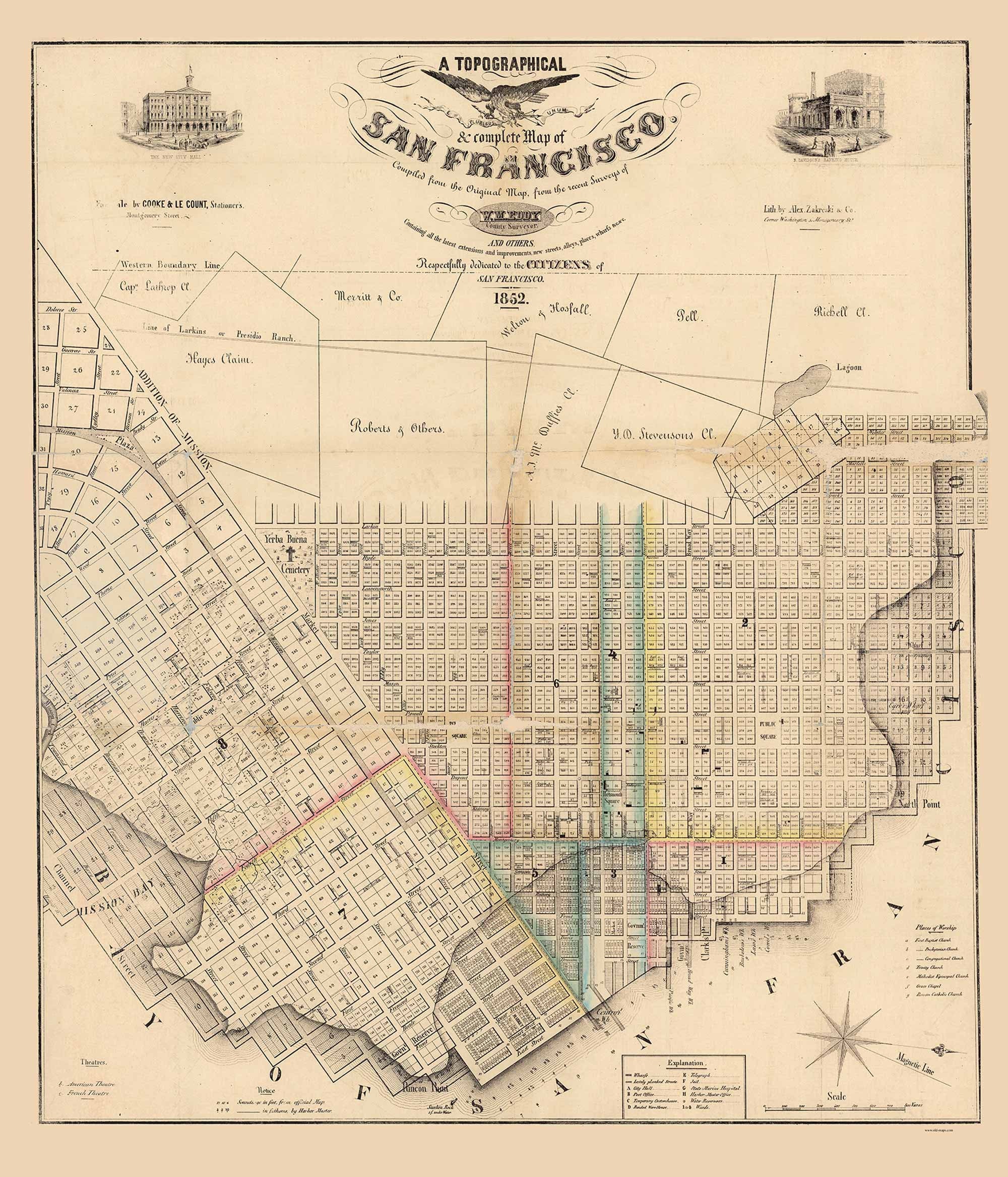 San Francisco 1852 - California Old Map Reprint - Eddy - Landowner