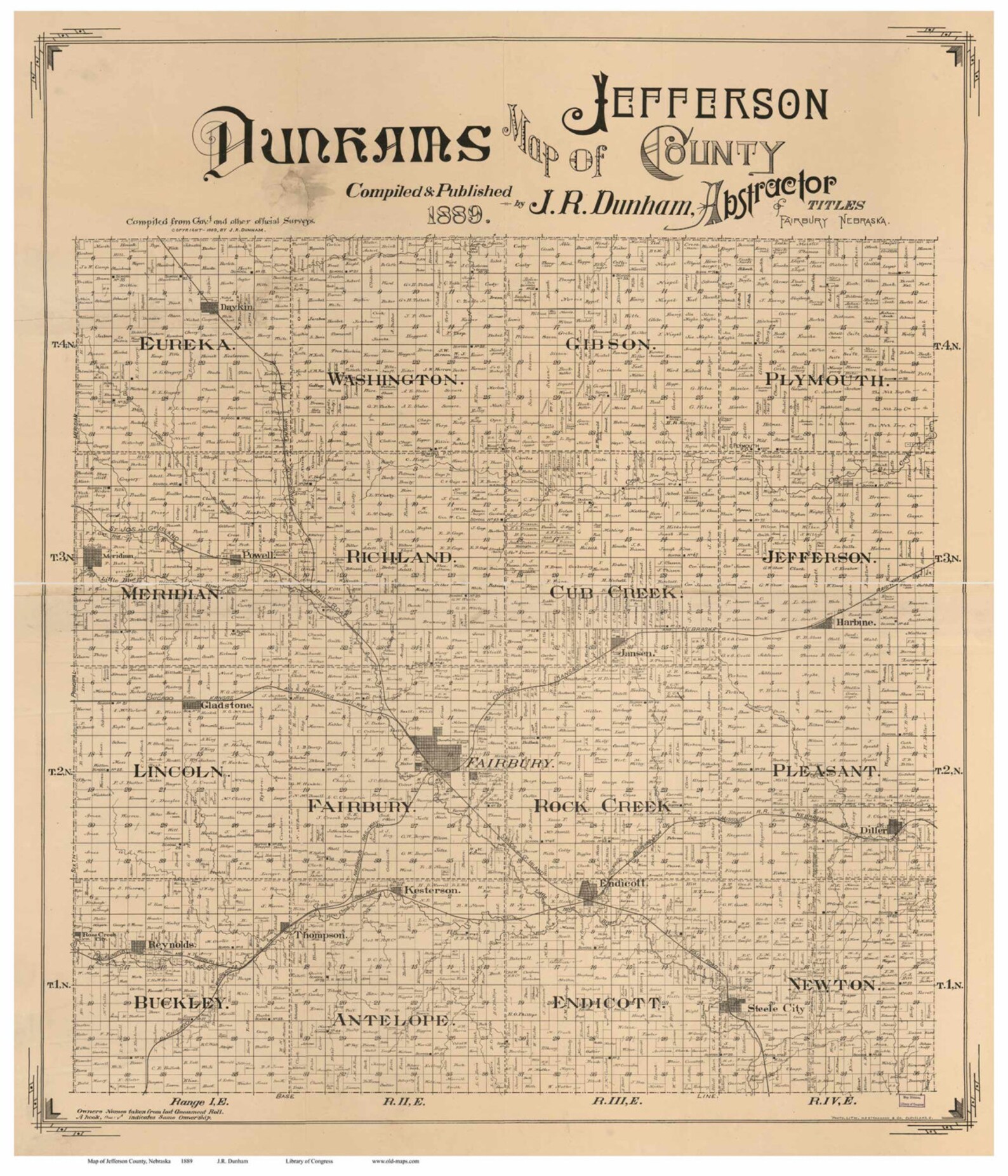 Jefferson County Nebraska 1889 Old Wall Map Reprint with Etsy