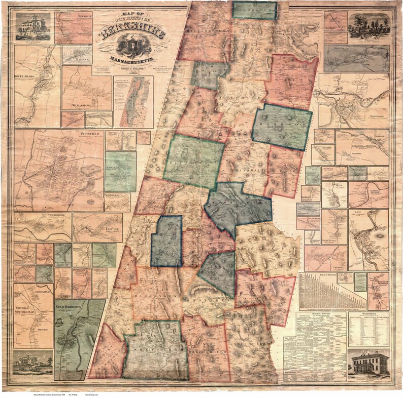 Berkshire County Massachusetts 1858 Old Wall Map Reprint Etsy