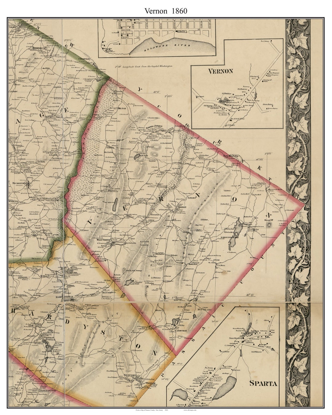 Vernon 1860 Old Town Map With Homeowner Names Wawayanda Lake New Jersey