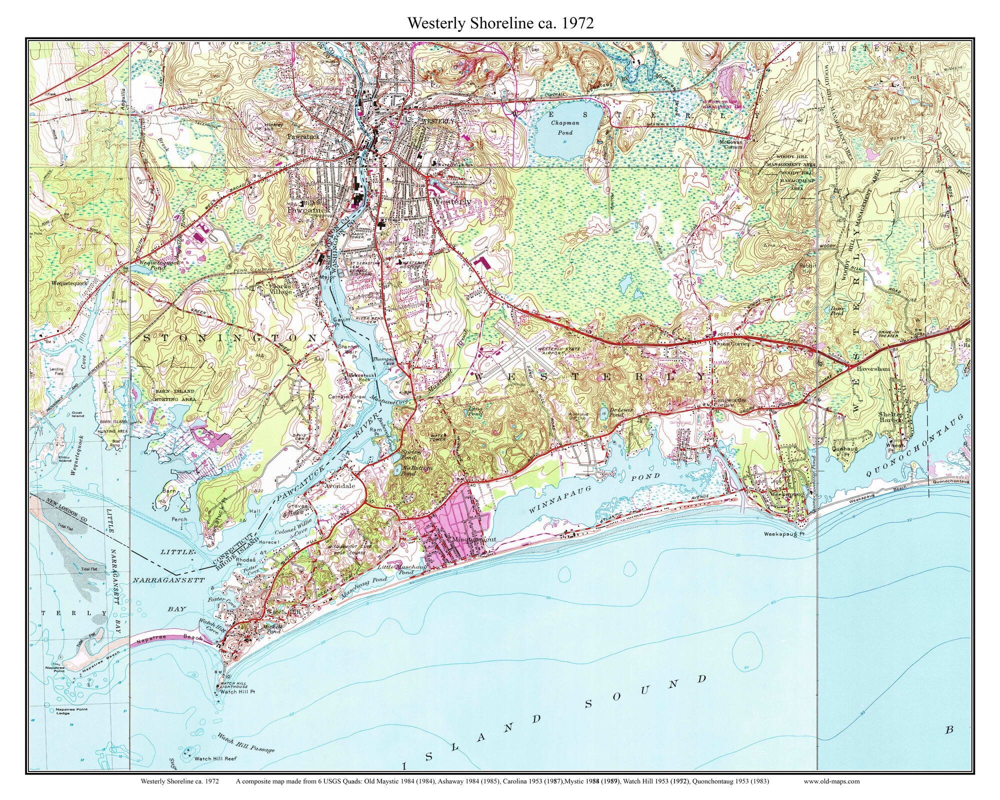 Westerly Shoreline 1972 Old Topographic Map USGS Watch Hill Misquamicut