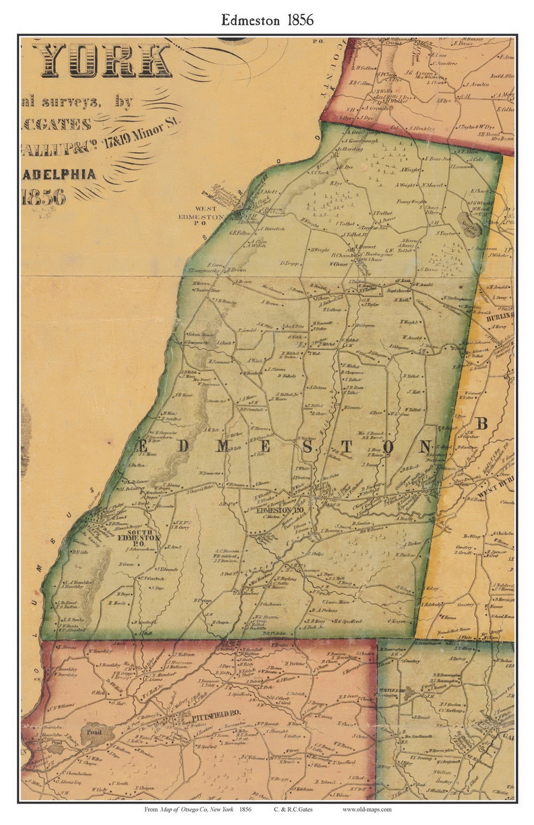 Edmeston 1856 Old Town Map With Homeowner Names New York Etsy
