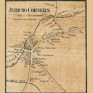 May include: A vintage map of Jericho Corners, Vermont, from 1857. The map shows the location of various businesses and residences, including a church, cemetery, grist mill, saw mill, and a tailor shop. The map is printed in black ink on a cream-colored paper.