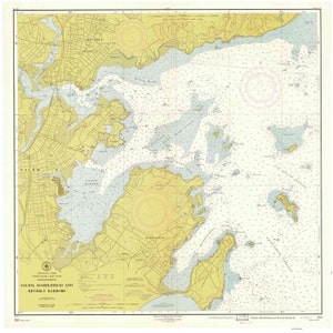 May include: A nautical chart of Salem, Marblehead, and Beverly Harbors in Massachusetts. The chart shows the coastline, islands, and waterways of the area. The chart is printed in black and white with blue and yellow accents.