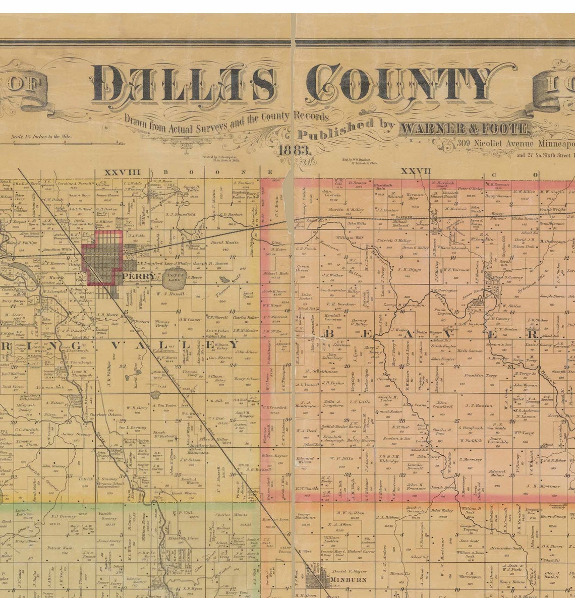 Dallas County Iowa 1883 Old Wall Map With Landowner Names Farm Etsy