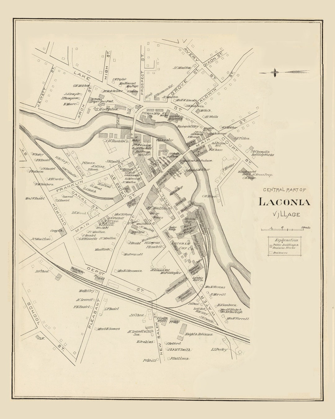 Laconia Central 1892 Old Town Map Homeowner Names Custom Etsy
