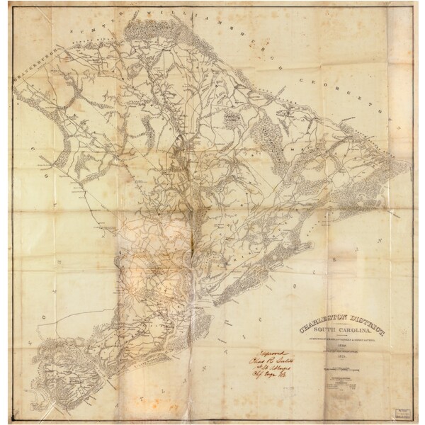 Charleston District South Carolina 1825 - County Wall Map - Homeowner names - Mills Atlas Reprint - LC