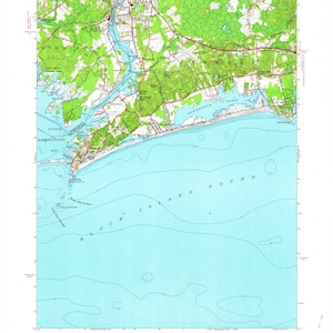 May include: A vintage map of Watch Hill, Rhode Island, showing the coastline, waterways, and surrounding land. The map is printed in blue, green, and brown, with contour lines indicating elevation. The map includes the names of various locations, including Winnapaug Pond, Little Narragansett Bay, and Block Island Sound.