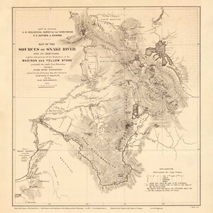 May include: A vintage map titled "Map of the Sources of Snake River" with its tributaries, and portions of the Madison and Yellowstone rivers. The map is in black and white, with detailed geographical features and text.