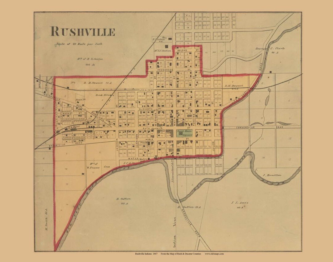 Rushville Center 1867 Old Town Map With Homeowner Names Indiana Il Adbw 