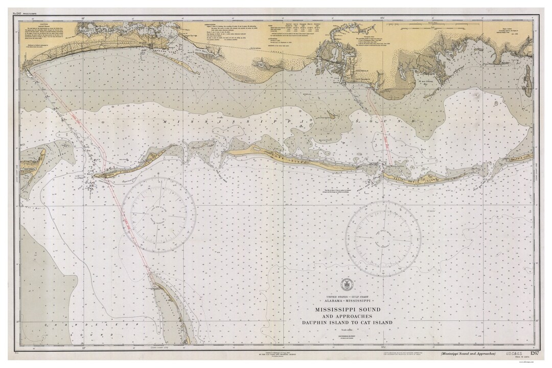 Dauphin Island & Cat Island Biloxi Pascagoula Gulfport 1933 Nautical Old Map Reprint Mississippi
