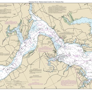 May include: A nautical chart of the Potomac River, from Mattawoman Creek to St. Clements Bay. The chart shows the river's course, islands, shoals, and other navigational features. It also includes depth soundings, buoys, and other aids to navigation.