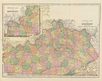 May include: A vintage map of Kentucky, divided into two sections: Western Part of Kentucky and Eastern Part of Kentucky. The map is color-coded by county and includes county names, rivers, and roads.