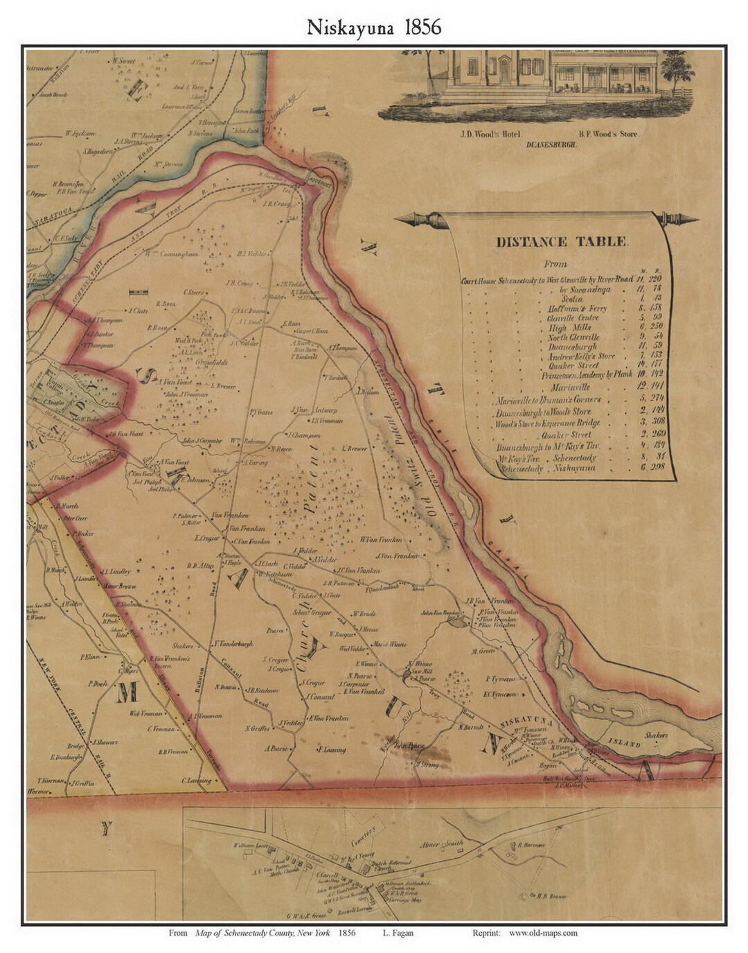 Niskayuna 1856 Old Town Map With Homeowner Names New York Reprint