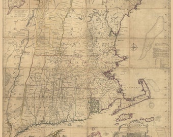 Puede incluir: Mapa antiguo de Nueva Inglaterra, con cartografía detallada de la región. El mapa está impreso en papel envejecido, mostrando estados como Massachusetts, Connecticut y Rhode Island. Incluye una rosa de los vientos e ilustraciones insertadas.
