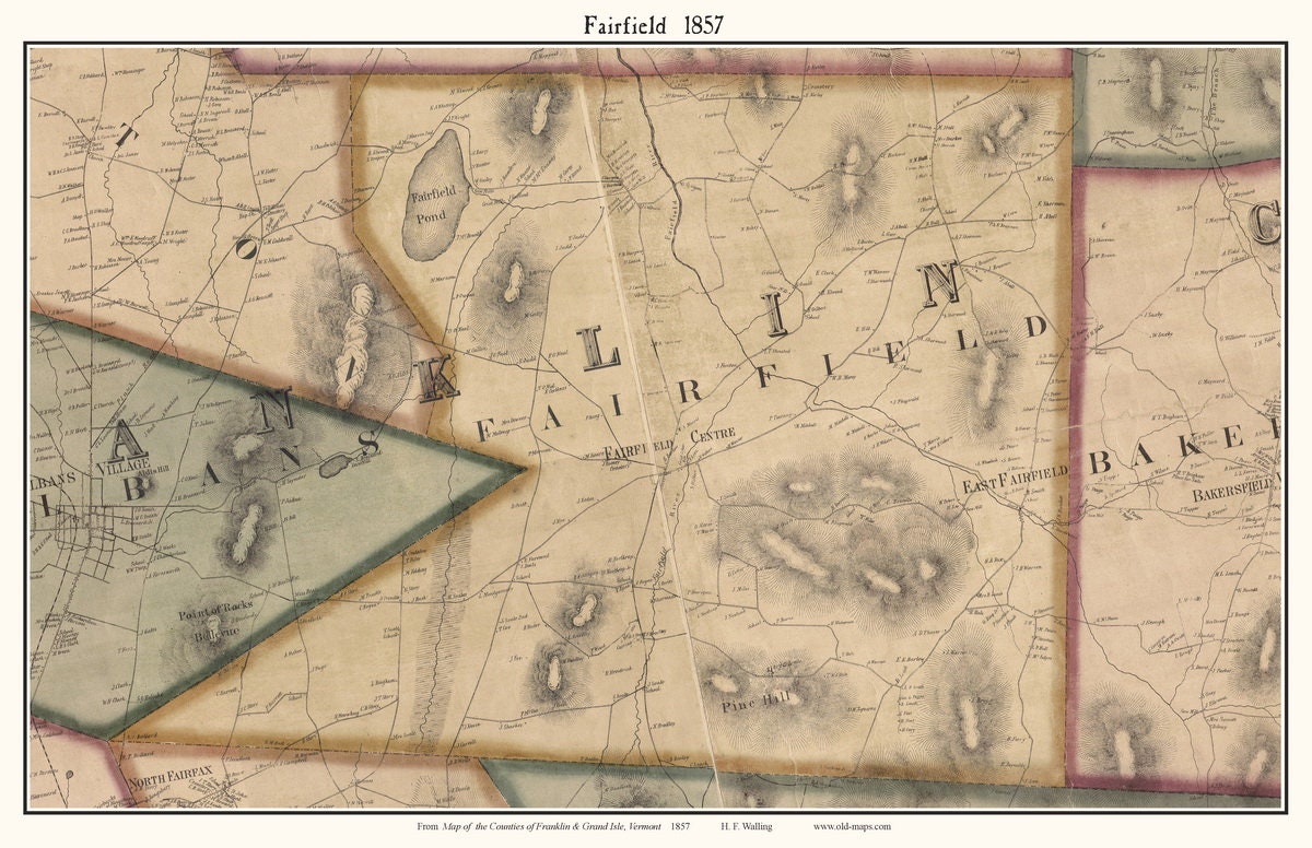 Fairfield 1857 Old Town Map with Homeowner Names Vermont Reprint Franklin Co VT TM Home Décor