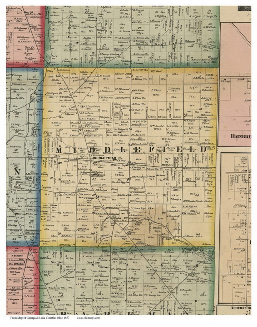 Middlefield 1857 Old Town Map With Homeowner Names Ohio Reprint