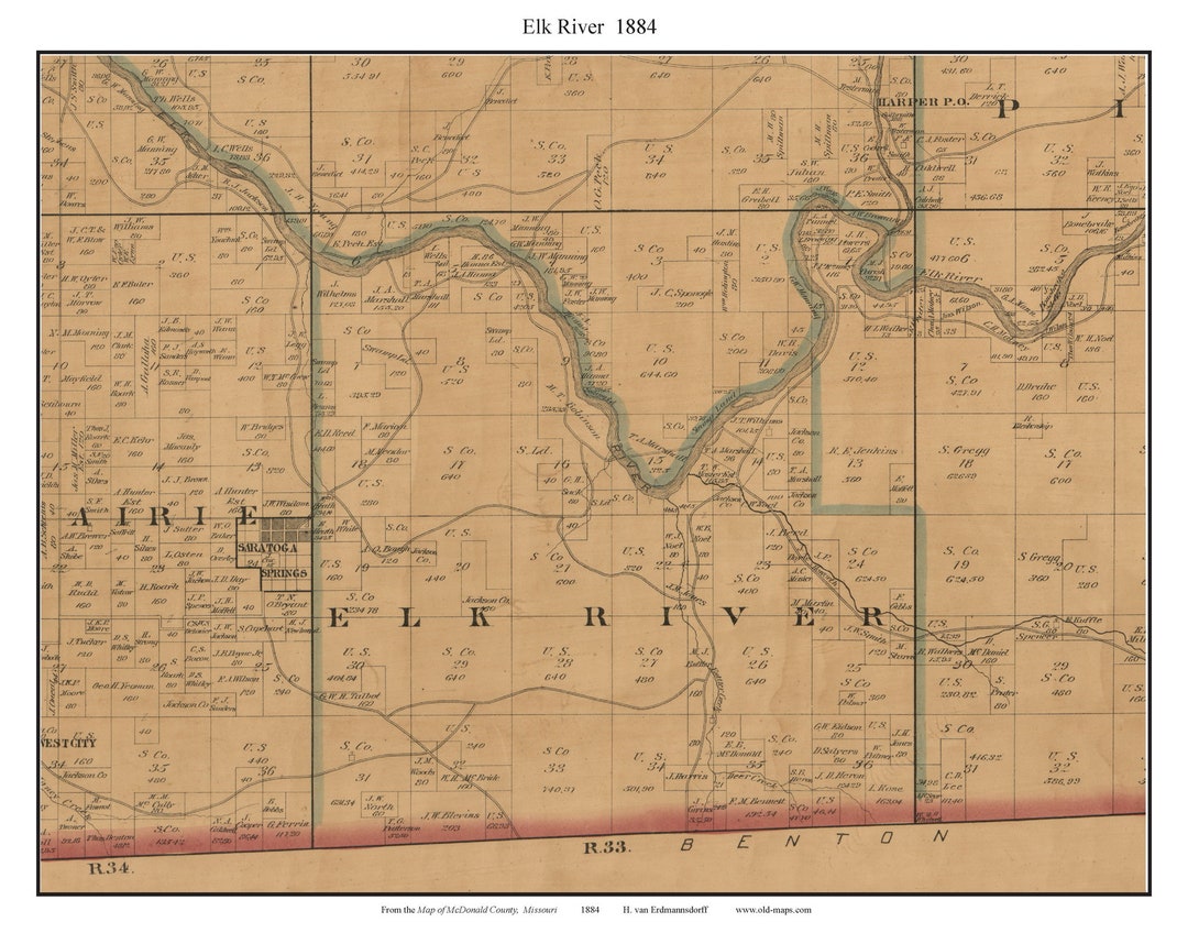 Elk River 1884 Old Town Map With Homeowner Names Missouri Reprint
